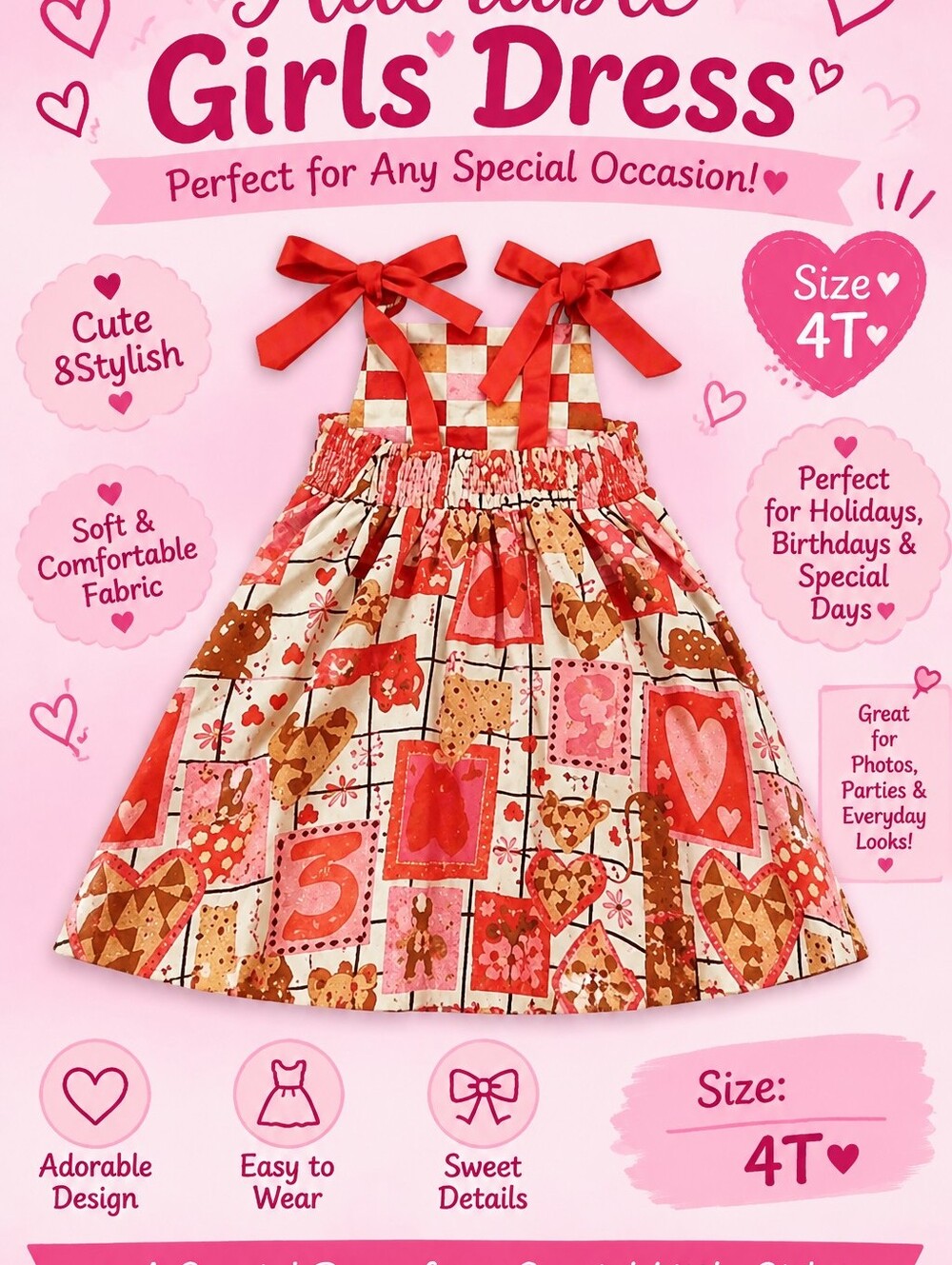 Toddler Girl  Red Heart Print Tie-Shoulder Casual Dress